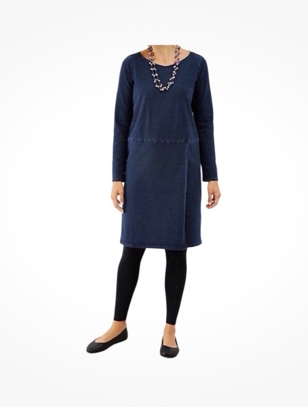 Indigo Pure Jill Women’s L Cotton Blend Knit Dress Blue V-Neck Casual Lagenlook